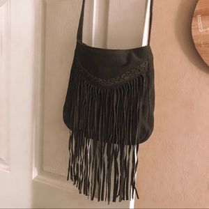 Grey Suede Fringe Crossbody Bag